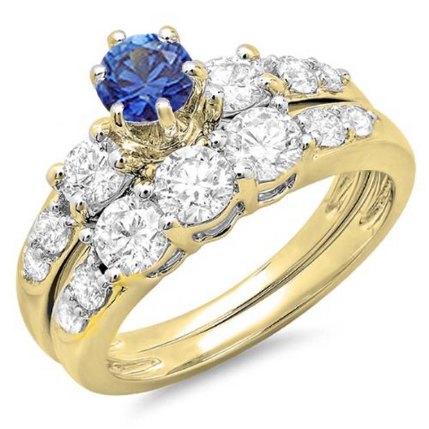 2.00 Carat (ctw) 14k Yellow Gold Round Blue Sapphire & White Diamond Ladies 3 Stone Bridal Engagement Ring Matching Band Set 2 CT