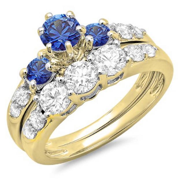 2.00 Carat (ctw) 14k Yellow Gold Round Blue Sapphire & White Diamond Ladies 3 Stone Bridal Engagement Ring Matching Band Set 2 CT