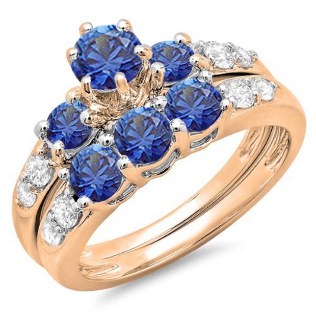 2.00 Carat (ctw) 14k Rose Gold Round Blue Sapphire & White Diamond Ladies 3 Stone Bridal Engagement Ring Matching Band Set 2 CT