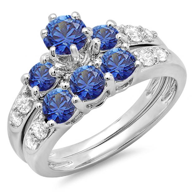 2.00 Carat (ctw) 14k White Gold Round Blue Sapphire & White Diamond Ladies 3 Stone Bridal Engagement Ring Matching Band Set 2 CT