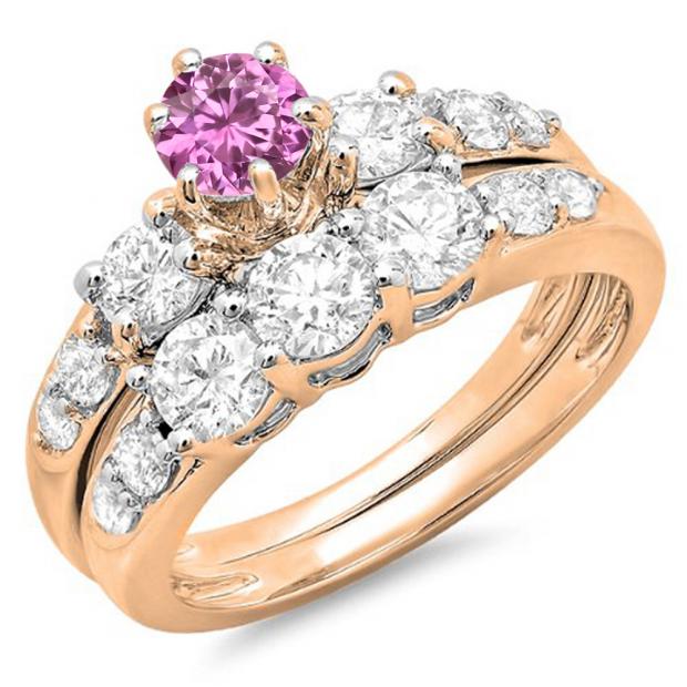 2.00 Carat (ctw) 14k Rose Gold Round Pink Sapphire & White Diamond Ladies 3 Stone Bridal Engagement Ring Matching Band Set 2 CT