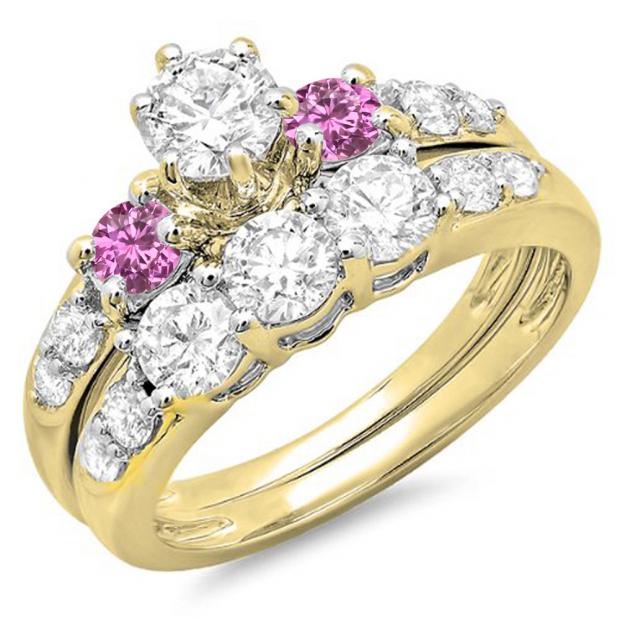 2.00 Carat (ctw) 14k Yellow Gold Round Pink Sapphire & White Diamond Ladies 3 Stone Bridal Engagement Ring Matching Band Set 2 CT