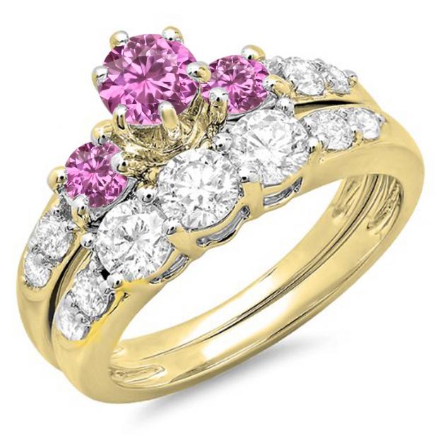 2.00 Carat (ctw) 10k Yellow Gold Round Pink Sapphire & White Diamond Ladies 3 Stone Bridal Engagement Ring Matching Band Set 2 CT
