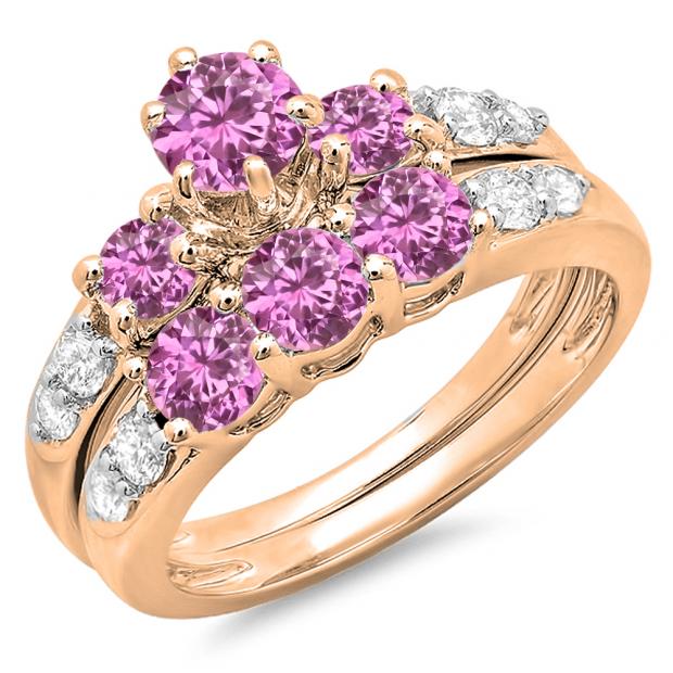 2.00 Carat (ctw) 14k Rose Gold Round Pink Sapphire & White Diamond Ladies 3 Stone Bridal Engagement Ring Matching Band Set 2 CT