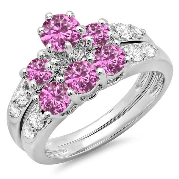 2.00 Carat (ctw) 14k White Gold Round Pink Sapphire & White Diamond Ladies 3 Stone Bridal Engagement Ring Matching Band Set 2 CT