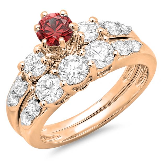 2.00 Carat (ctw) 14k Rose Gold Round Red Ruby & White Diamond Ladies 3 Stone Bridal Engagement Ring Matching Band Set 2 CT
