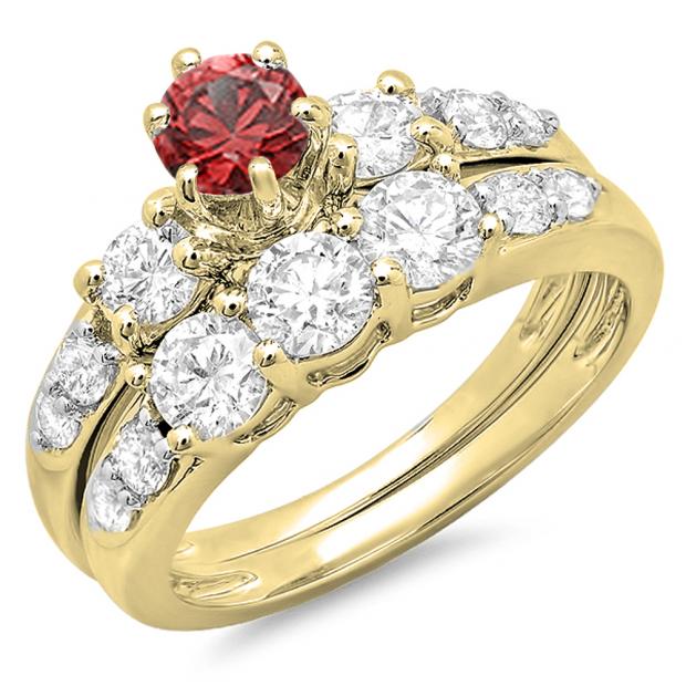 2.00 Carat (ctw) 14k Yellow Gold Round Red Ruby & White Diamond Ladies 3 Stone Bridal Engagement Ring Matching Band Set 2 CT