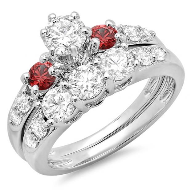 2.00 Carat (ctw) 10k White Gold Round Red Ruby & White Diamond Ladies 3 Stone Bridal Engagement Ring Matching Band Set 2 CT