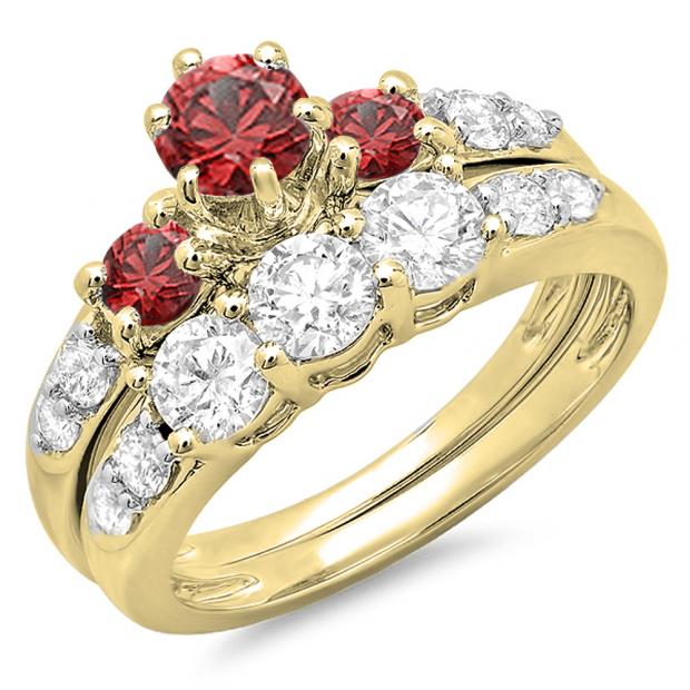 2.00 Carat (ctw) 14k Yellow Gold Round Red Ruby & White Diamond Ladies 3 Stone Bridal Engagement Ring Matching Band Set 2 CT
