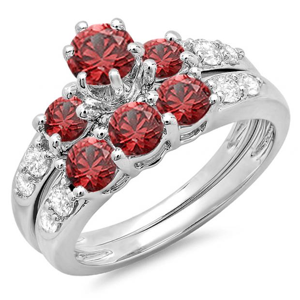 2.00 Carat (ctw) 14k White Gold Round Red Ruby & White Diamond Ladies 3 Stone Bridal Engagement Ring Matching Band Set 2 CT
