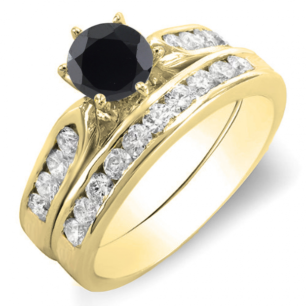 1.00 Carat (ctw) 10k Yellow Gold Round Black & White Diamond Ladies Bridal Engagement Ring Set With Matching Band 1 CT