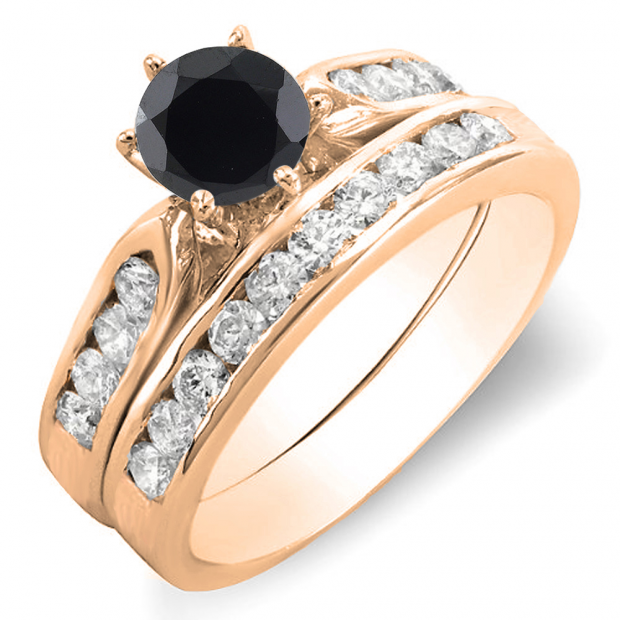 1.00 Carat (ctw) 14k Rose Gold Round Black & White Diamond Ladies Bridal Engagement Ring Set With Matching Band 1 CT