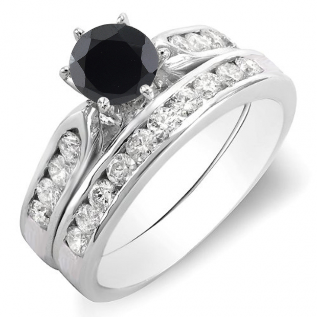 1.00 Carat (ctw) 14k White Gold Round Black & White Diamond Ladies Bridal Engagement Ring Set With Matching Band 1 CT