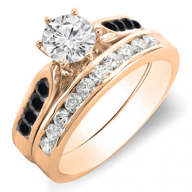 1.00 Carat (ctw) 10k Rose Gold Round Black & White Diamond Ladies Bridal Engagement Ring Set With Matching Band 1 CT