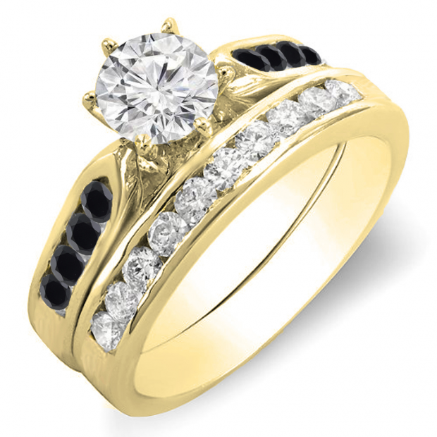 1.00 Carat (ctw) 10k Yellow Gold Round Black & White Diamond Ladies Bridal Engagement Ring Set With Matching Band 1 CT