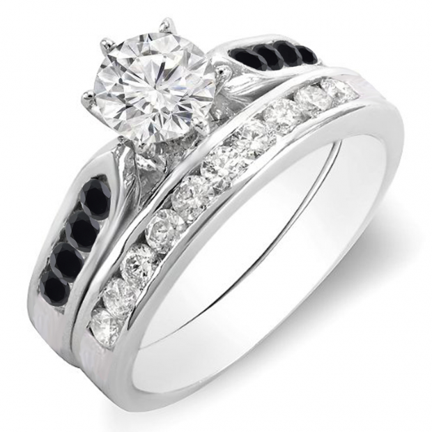 1.00 Carat (ctw) 14k White Gold Round Black & White Diamond Ladies Bridal Engagement Ring Set With Matching Band 1 CT