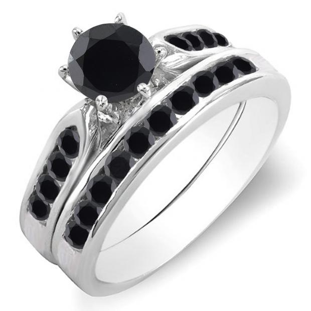 1.00 Carat (ctw) 14k White Gold Round Black Diamond Ladies Bridal Engagement Ring Set With Matching Band 1 CT
