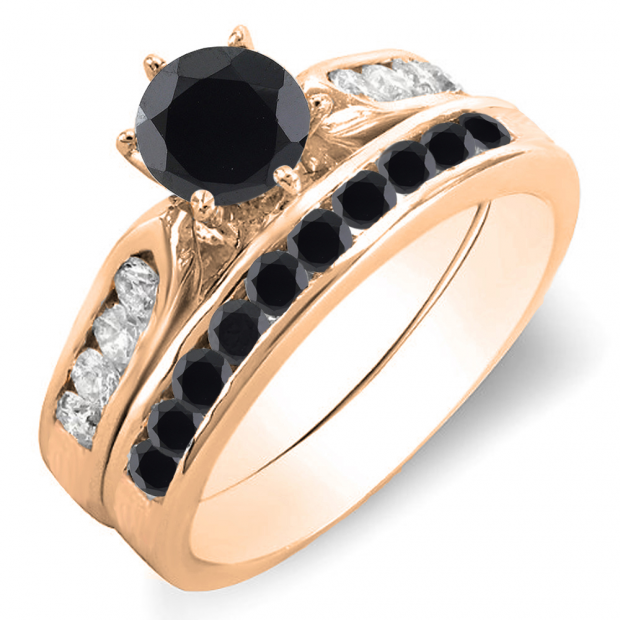 1.00 Carat (ctw) 14k Rose Gold Round Black & White Diamond Ladies Bridal Engagement Ring Set With Matching Band 1 CT