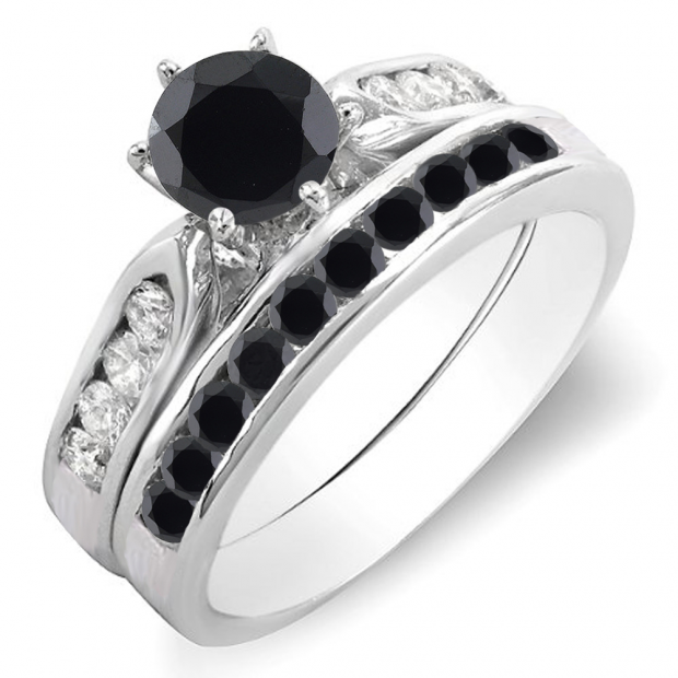1.00 Carat (ctw) 14k White Gold Round Black & White Diamond Ladies Bridal Engagement Ring Set With Matching Band 1 CT