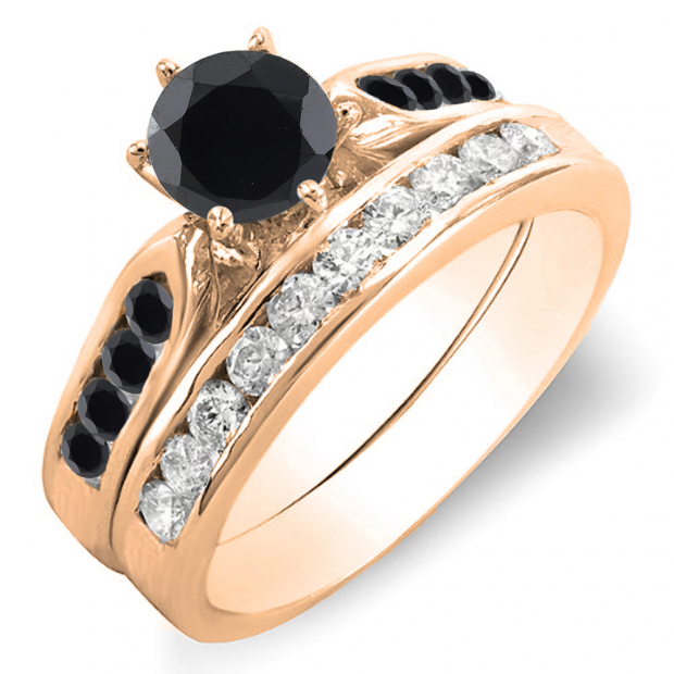 1.00 Carat (ctw) 14k Rose Gold Round Black & White Diamond Ladies Bridal Engagement Ring Set With Matching Band 1 CT