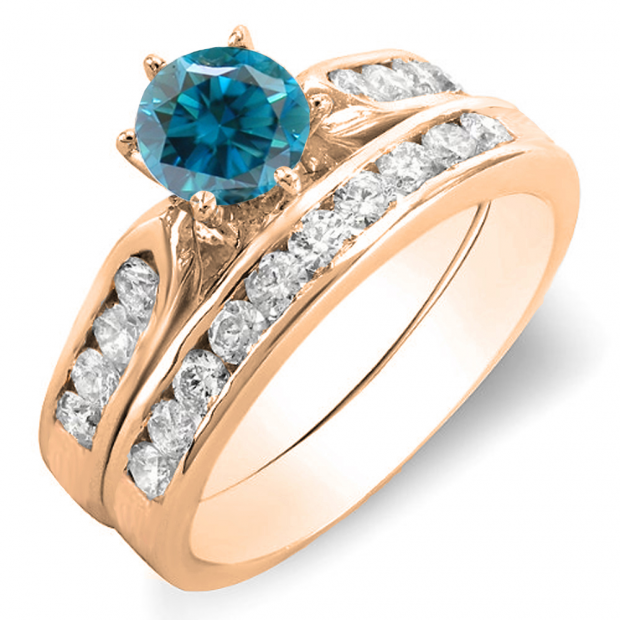 1.00 Carat (ctw) 14k Rose Gold Round Blue & White Diamond Ladies Bridal Engagement Ring Set With Matching Band 1 CT