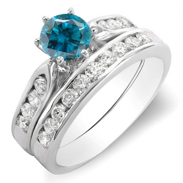 1.00 Carat (ctw) 14k White Gold Round Blue & White Diamond Ladies Bridal Engagement Ring Set With Matching Band 1 CT