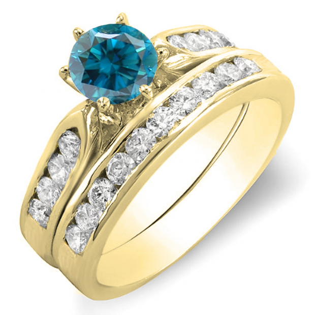 1.00 Carat (ctw) 14k Yellow Gold Round Blue & White Diamond Ladies Bridal Engagement Ring Set With Matching Band 1 CT