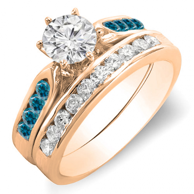 1.00 Carat (ctw) 14k Rose Gold Round Blue & White Diamond Ladies Bridal Engagement Ring Set With Matching Band 1 CT