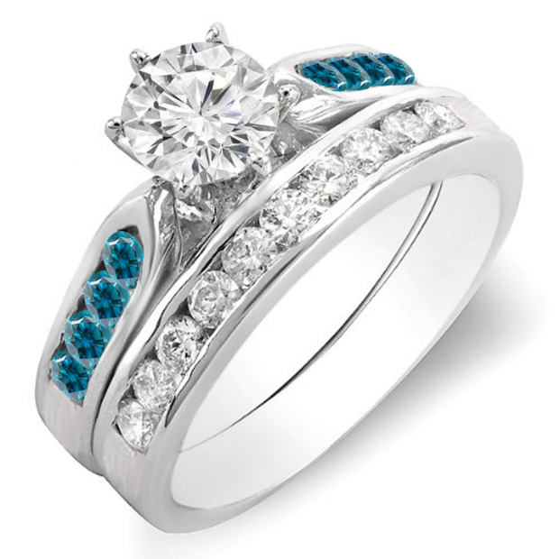 1.00 Carat (ctw) 14k White Gold Round Blue & White Diamond Ladies Bridal Engagement Ring Set With Matching Band 1 CT