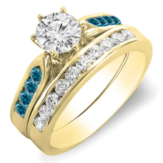 1.00 Carat (ctw) 14k Yellow Gold Round Blue & White Diamond Ladies Bridal Engagement Ring Set With Matching Band 1 CT