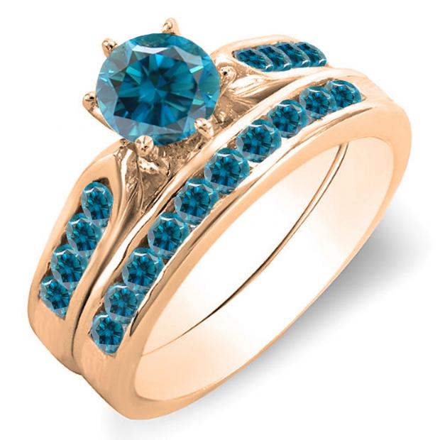 1.00 Carat (ctw) 14k Rose Gold Round Blue Diamond Ladies Bridal Engagement Ring Set With Matching Band 1 CT