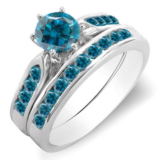 1.00 Carat (ctw) 14k White Gold Round Blue Diamond Ladies Bridal Engagement Ring Set With Matching Band 1 CT