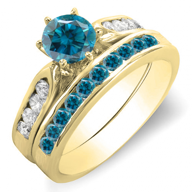 1.00 Carat (ctw) 14k Yellow Gold Round Blue & White Diamond Ladies Bridal Engagement Ring Set With Matching Band 1 CT