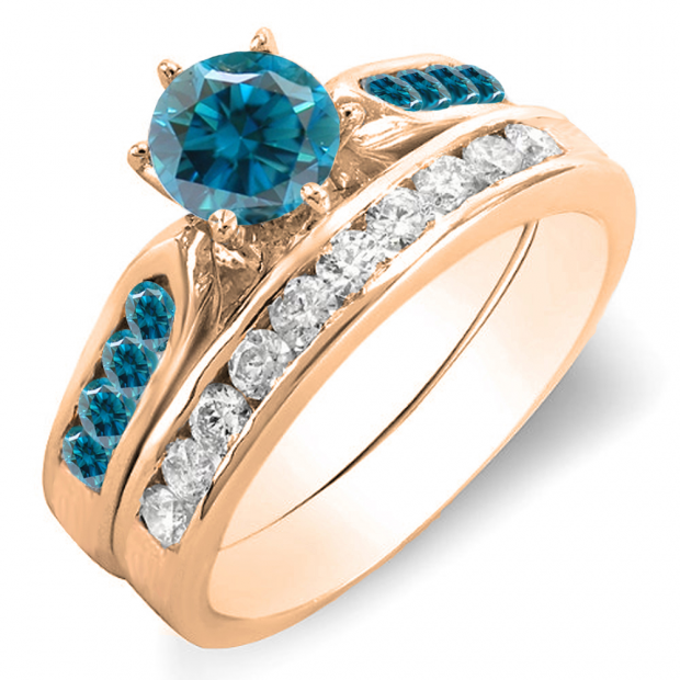 1.00 Carat (ctw) 14k Rose Gold Round Blue & White Diamond Ladies Bridal Engagement Ring Set With Matching Band 1 CT