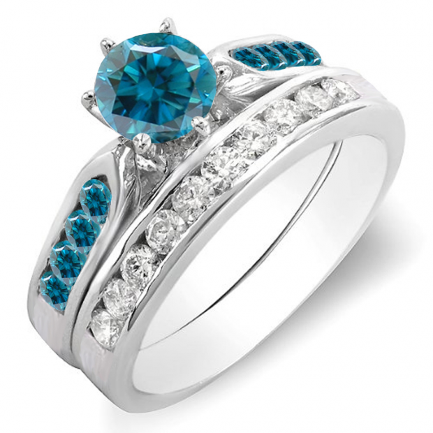 1.00 Carat (ctw) 14k White Gold Round Blue & White Diamond Ladies Bridal Engagement Ring Set With Matching Band 1 CT