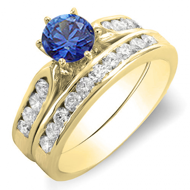 1.00 Carat (ctw) 10k Yellow Gold Round Blue Sapphire & White Diamond Ladies Bridal Engagement Ring Set With Matching Band 1 CT
