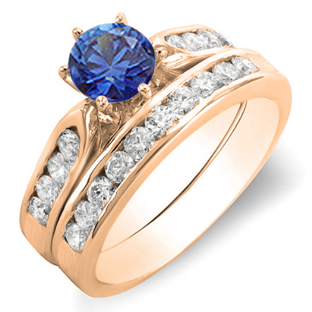 1.00 Carat (ctw) 14k Rose Gold Round Blue Sapphire & White Diamond Ladies Bridal Engagement Ring Set With Matching Band 1 CT