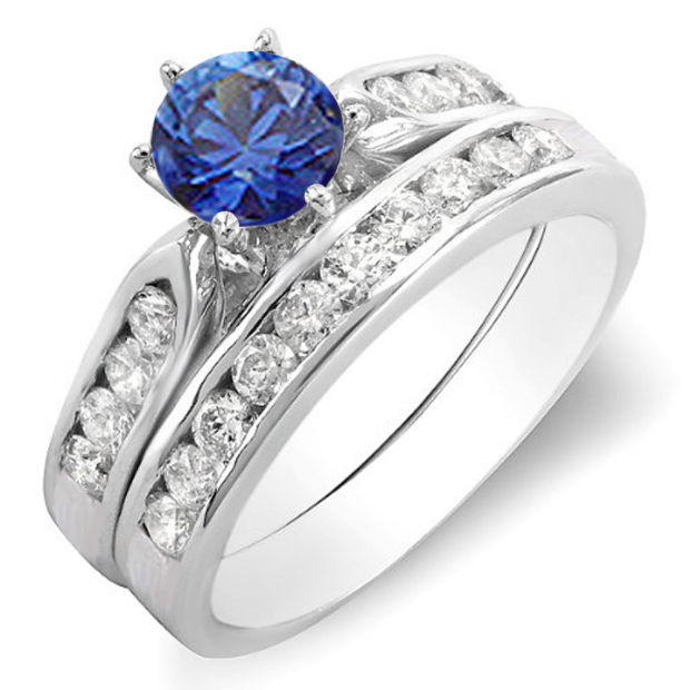 1.00 Carat (ctw) 14k White Gold Round Blue Sapphire & White Diamond Ladies Bridal Engagement Ring Set With Matching Band 1 CT