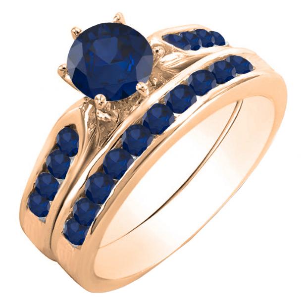 1.00 Carat (ctw) 14k Rose Gold Round Blue Sapphire Ladies Bridal Engagement Ring Set With Matching Band 1 CT