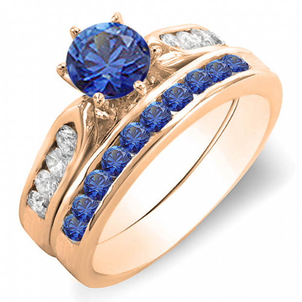 1.00 Carat (ctw) 14k Rose Gold Round Blue Sapphire & White Diamond Ladies Bridal Engagement Ring Set With Matching Band 1 CT