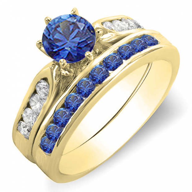 1.00 Carat (ctw) 14k Yellow Gold Round Blue Sapphire & White Diamond Ladies Bridal Engagement Ring Set With Matching Band 1 CT