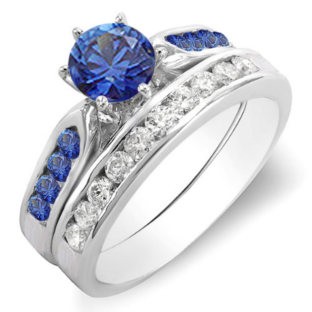 1.00 Carat (ctw) 10k White Gold Round Blue Sapphire & White Diamond Ladies Bridal Engagement Ring Set With Matching Band 1 CT