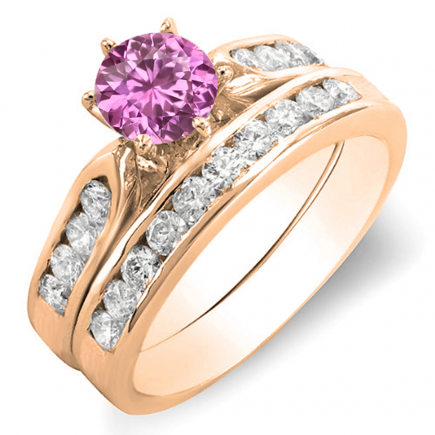 1.00 Carat (ctw) 14k Rose Gold Round Pink Sapphire & Rose Diamond Ladies Bridal Engagement Ring Set With Matching Band 1 CT