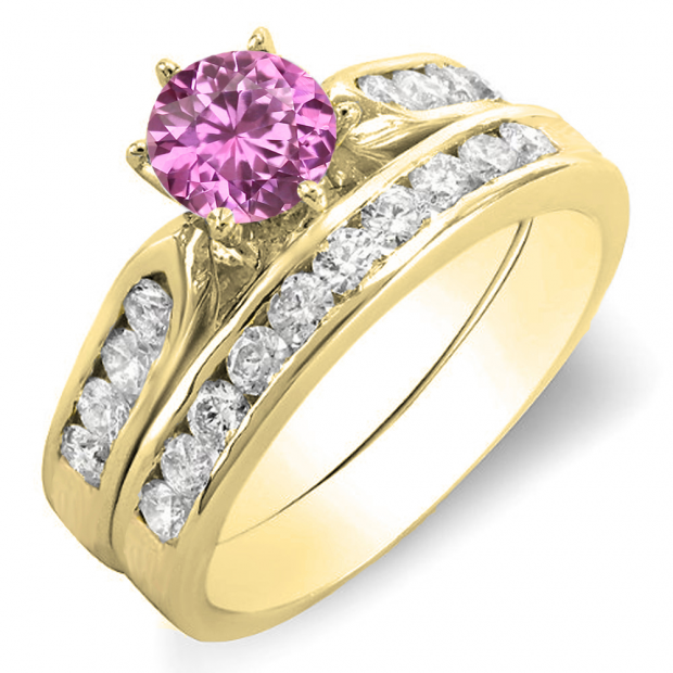 1.00 Carat (ctw) 14k Yellow Gold Round Pink Sapphire & Yellow Diamond Ladies Bridal Engagement Ring Set With Matching Band 1 CT