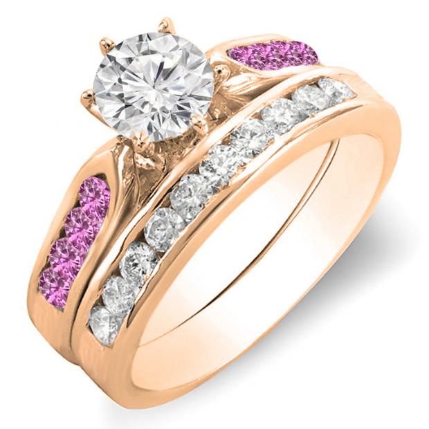 1.00 Carat (ctw) 14k Rose Gold Round Pink Sapphire & White Diamond Ladies Bridal Engagement Ring Set With Matching Band 1 CT