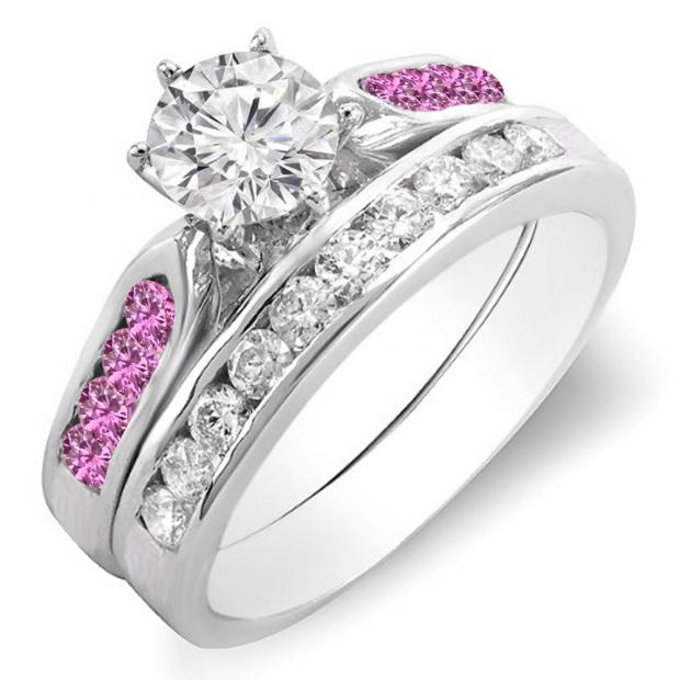 1.00 Carat (ctw) 14k White Gold Round Pink Sapphire & White Diamond Ladies Bridal Engagement Ring Set With Matching Band 1 CT