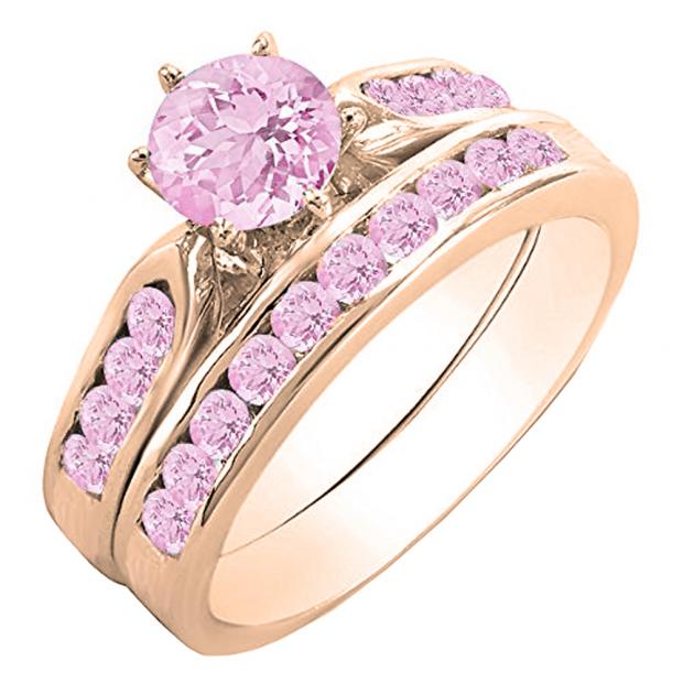1.00 Carat (ctw) 14k Rose Gold Round Pink Sapphire Ladies Bridal Engagement Ring Set With Matching Band 1 CT