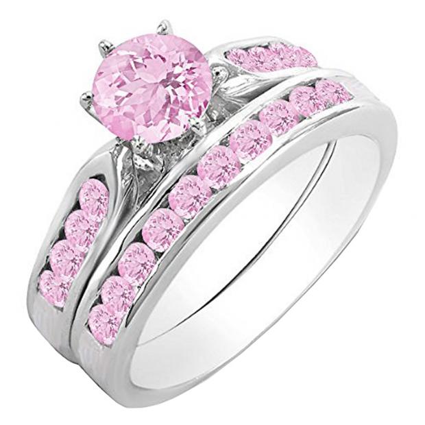 1.00 Carat (ctw) 14k White Gold Round Pink Sapphire Ladies Bridal Engagement Ring Set With Matching Band 1 CT