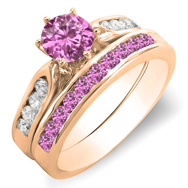 1.00 Carat (ctw) 14k Rose Gold Round Pink Sapphire & White Diamond Ladies Bridal Engagement Ring Set With Matching Band 1 CT