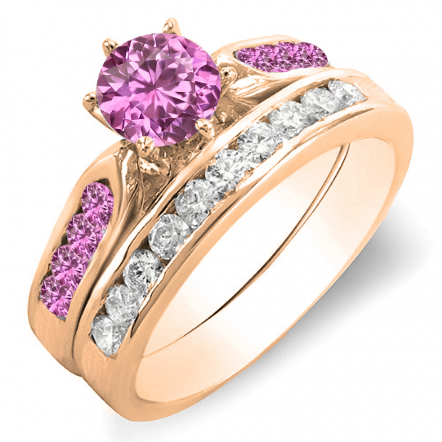 1.00 Carat (ctw) 14k Rose Gold Round Pink Sapphire & White Diamond Ladies Bridal Engagement Ring Set With Matching Band 1 CT